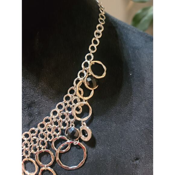 Women's Statement Necklace Silver Chain With Black Faceted Stones Lobster Lock - Picture 4 of 6